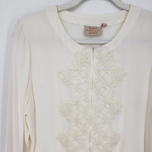 Rungolee Embellished Floral Applique Silk Blouse Top S Womens Long Sleeve‎ Cream - Picture 3 of 10